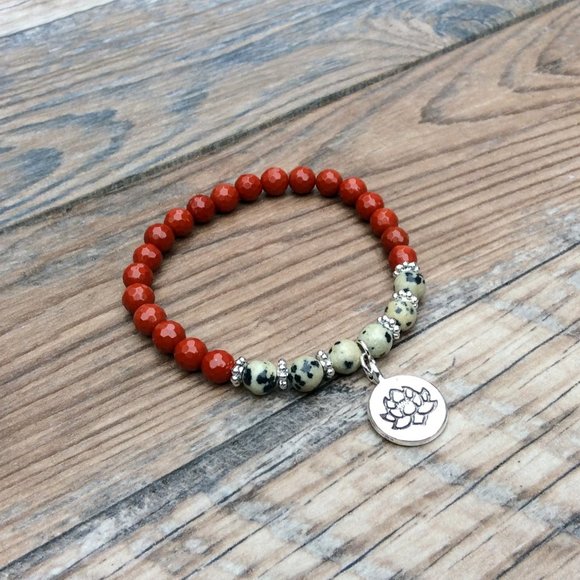 Red Jasper bracelet with Lotus charm, Dalmatian Jasper, crystal healing - Picture 4 of 9